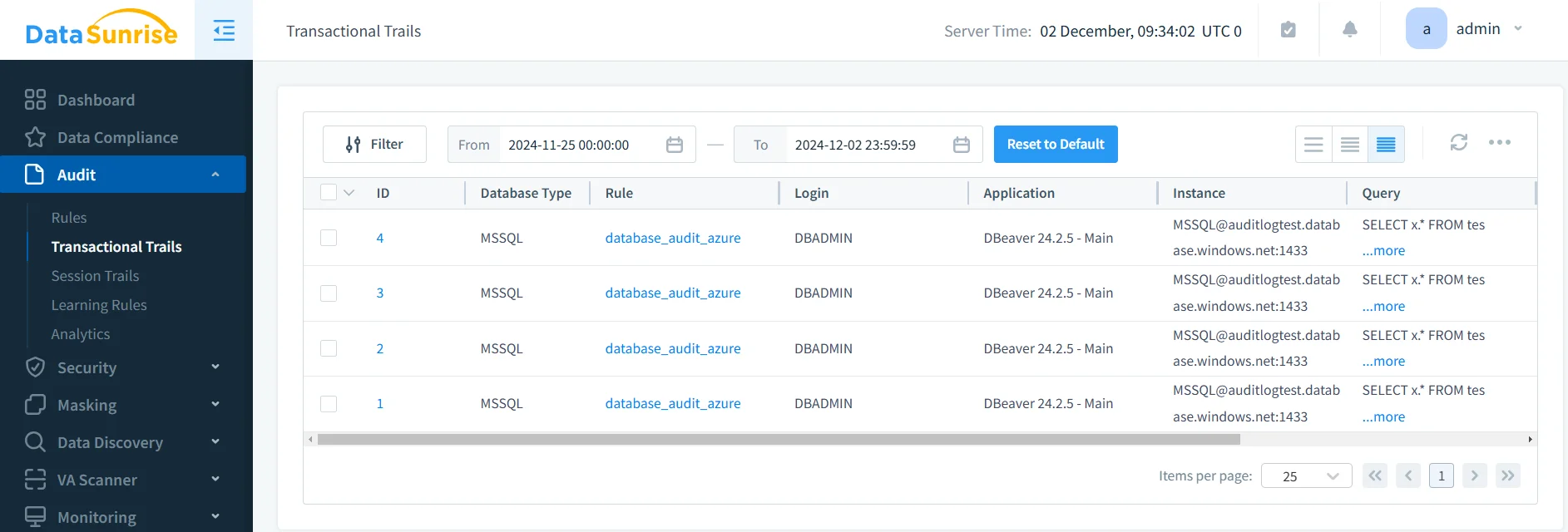 Auditoría de Datos para Azure Cloud Storage - Captura de pantalla de la interfaz de DataSunrise mostrando rastros transaccionales con filtros y detalles de auditoría.