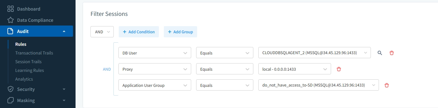 Registro de Auditoría de Google Cloud SQL – Interfaz de DataSunrise para crear una regla de auditoría con múltiples condiciones de filtrado.
