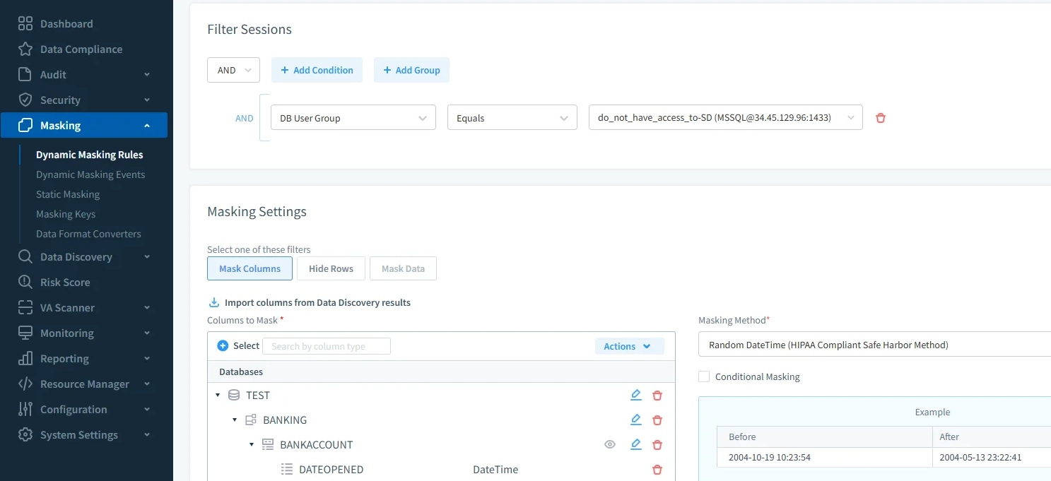 Registro de Auditoría de Google Cloud SQL – Pantalla de creación de regla de enmascaramiento dinámico de DataSunrise mostrando la configuración de enmascaramiento y las columnas de la base de datos seleccionadas.
