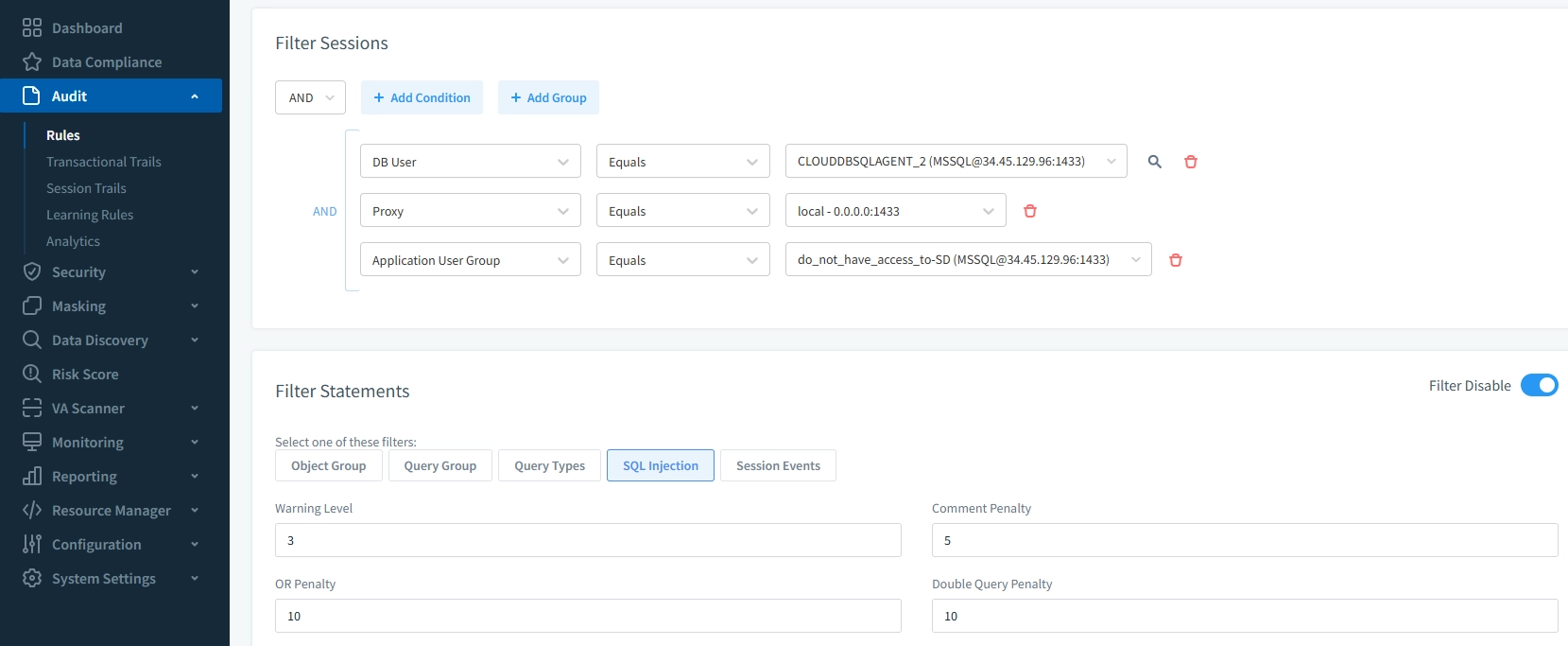 Google Cloud SQL Audit Tools – DataSunrise audit rule creation screen with session and statement filters.
