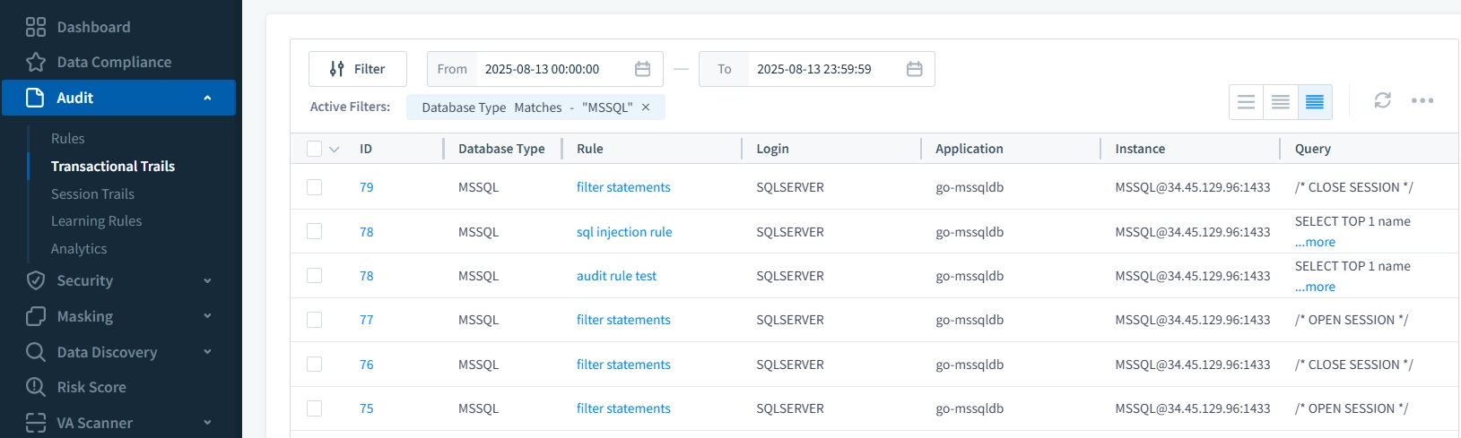 Google Cloud SQL Audit Tools – DataSunrise transactional trails interface listing captured SQL Server events.