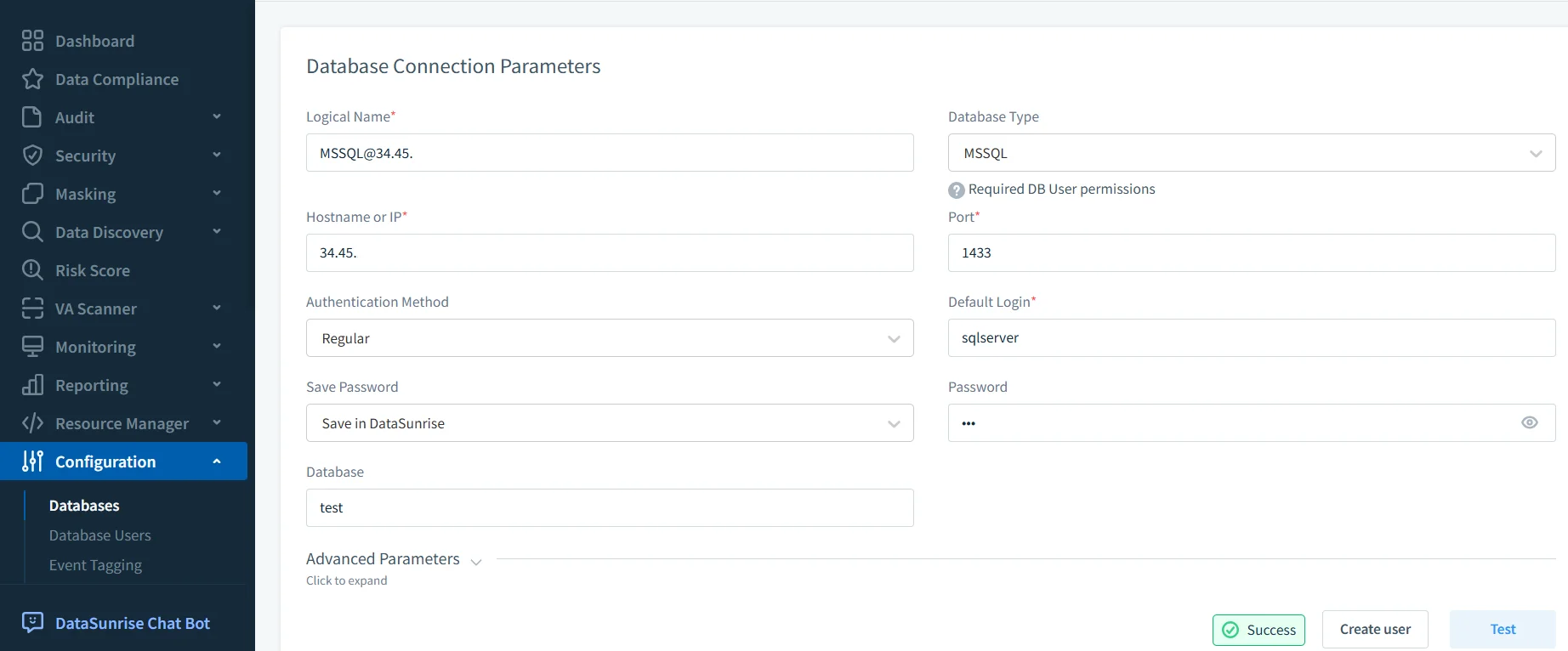 Google Cloud SQL Audit Trail - DataSunrise interface showing database connection parameters for an MSSQL instance.