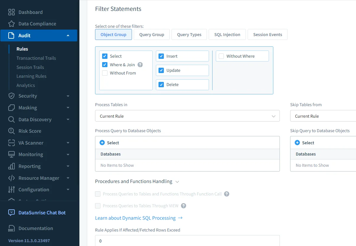 Google Cloud SQL Audit Trail - DataSunrise dashboard displaying compliance and audit filters