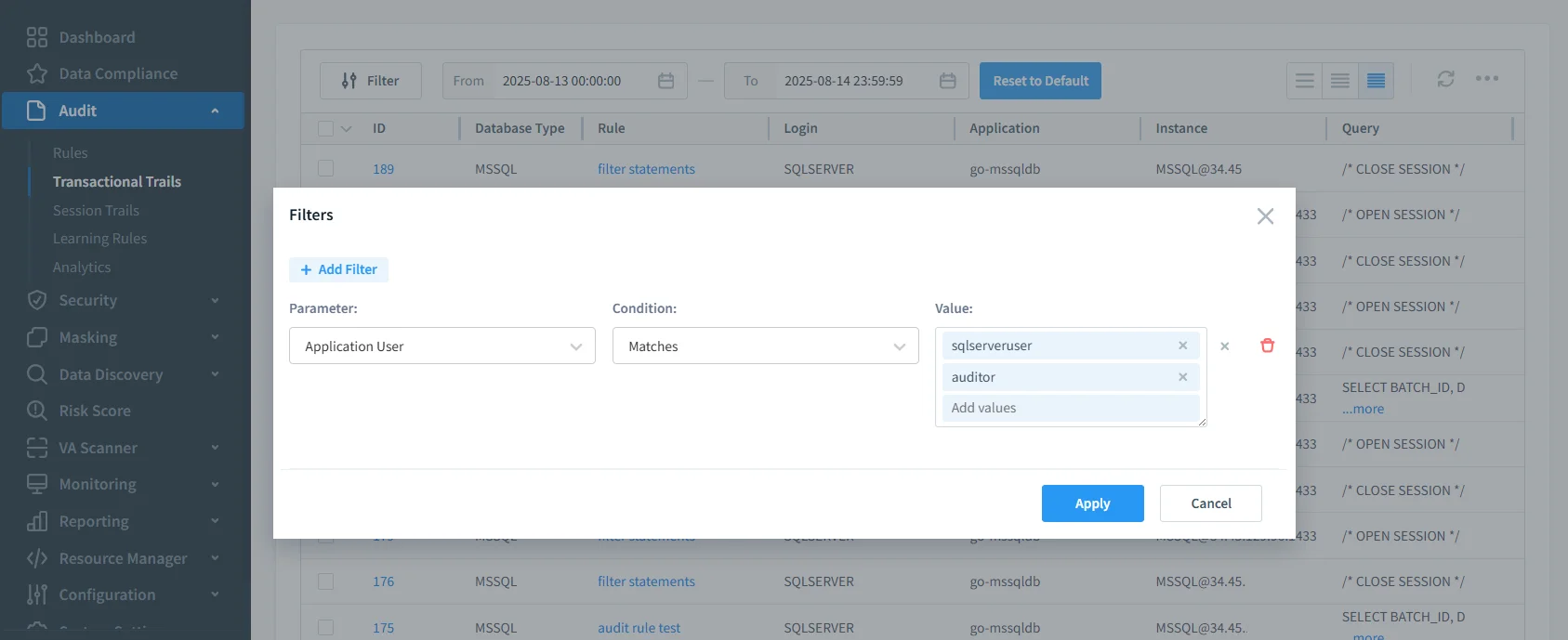 Google Cloud SQL Audit Trail - Filter configuration popup in the DataSunrise interface, targeting the “Application User” parameter with values set to sqlserveruser and auditor, using the “Matches” condition.