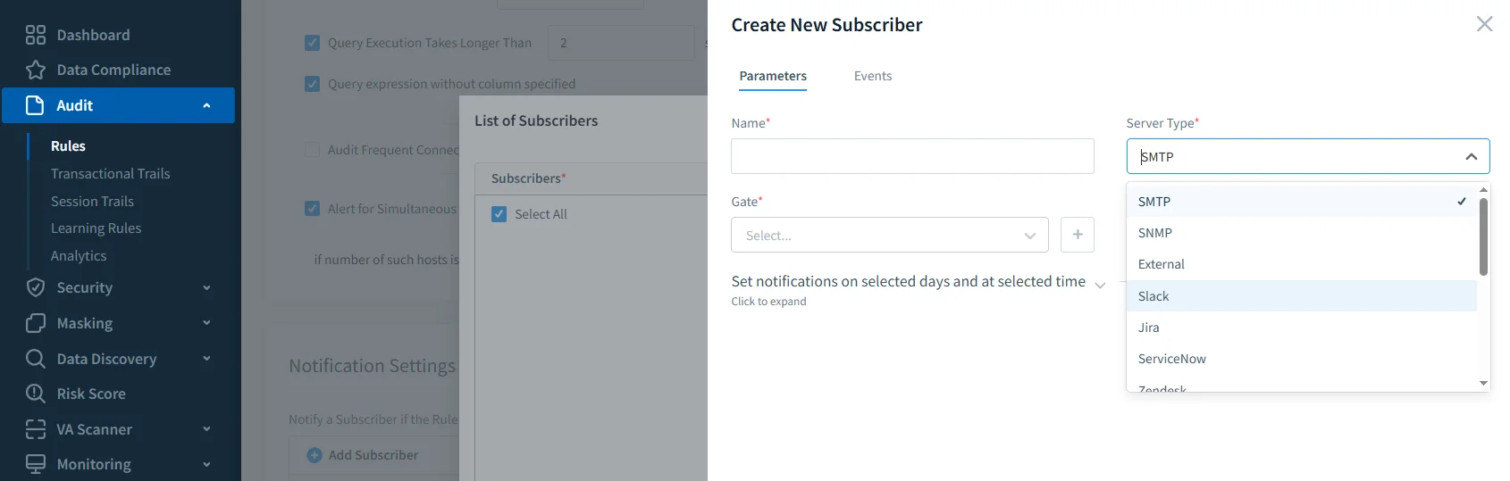 Google Cloud SQL Audit Trail - Form interface for creating a new subscriber in DataSunrise