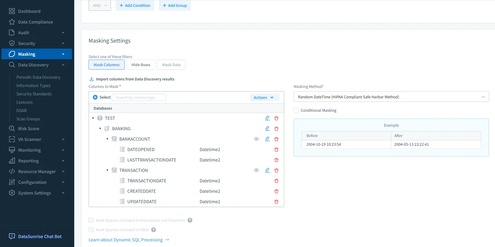 Google Cloud SQL Audit Trail - DataSunrise interface showing date masking settings for SQL Server database columns using a HIPAA-compliant random datetime method.