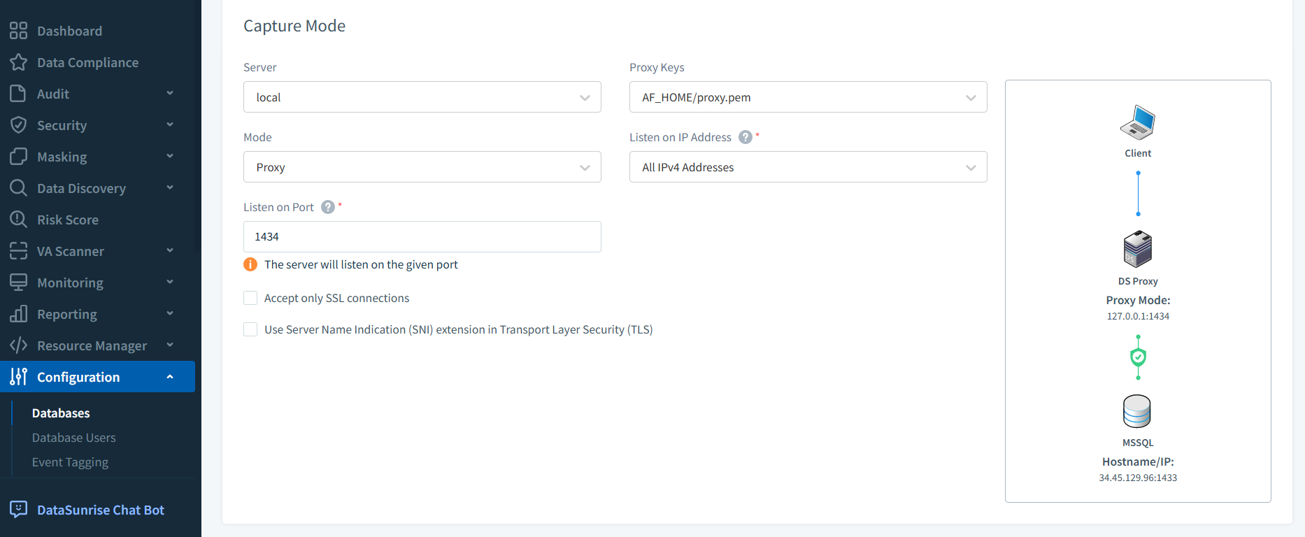 Historique d'activité des données de Google Cloud SQL - Création d'une instance de base de données dans DataSunrise pour MSSQL