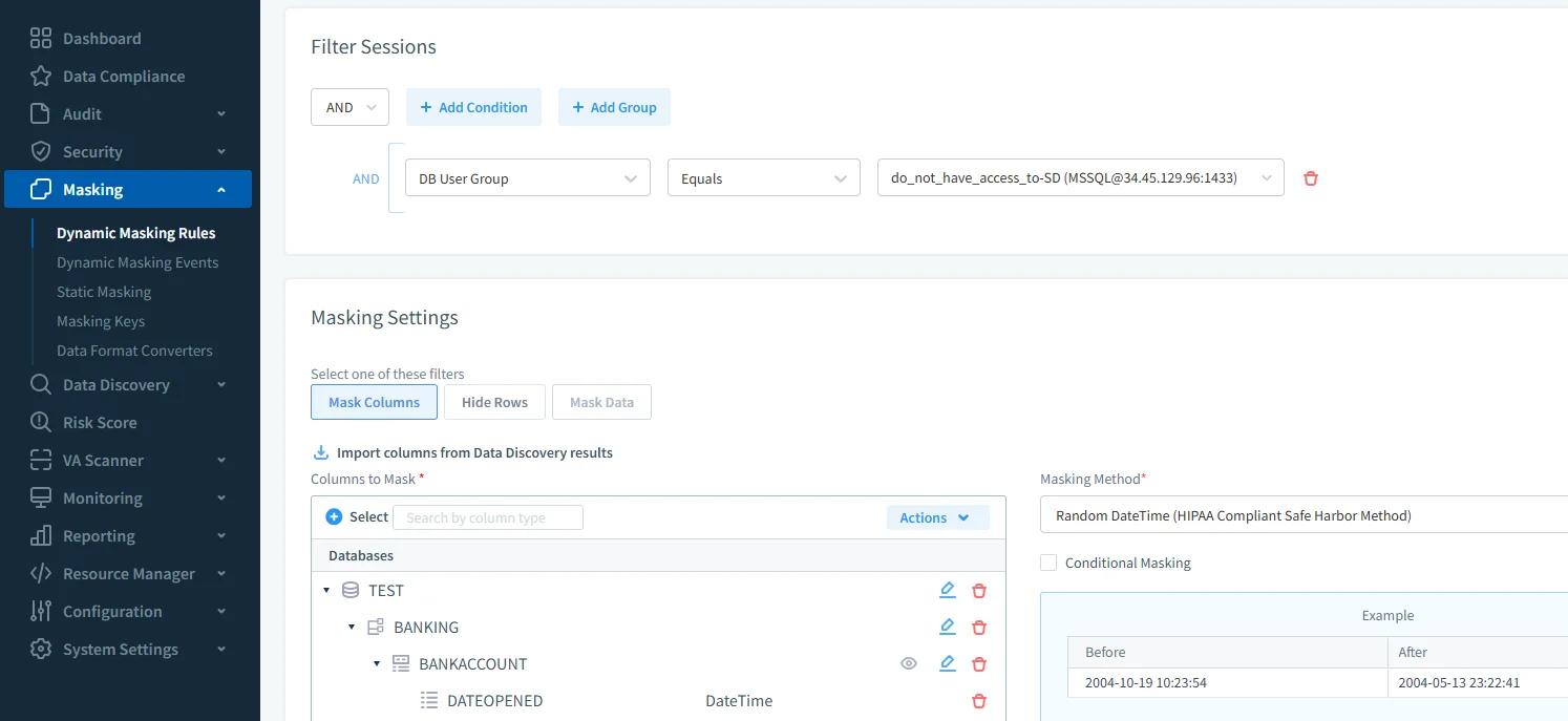 Regla de enmascaramiento dinámico de DataSunrise con filtro basado en rol