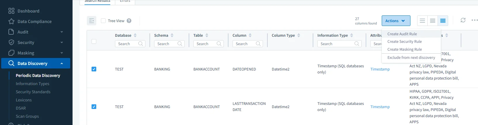Google Cloud SQL Registro de Auditorías de Datos - Descubrimiento de datos de DataSunrise — crear regla de auditoría o enmascaramiento a partir de los resultados del escaneo