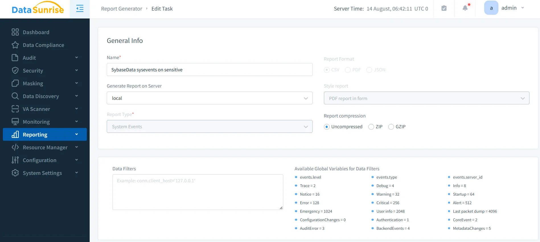 How to Manage Data Compliance for Sybase - Screenshot of DataSunrise interface showing menu options for compliance management and report generation.