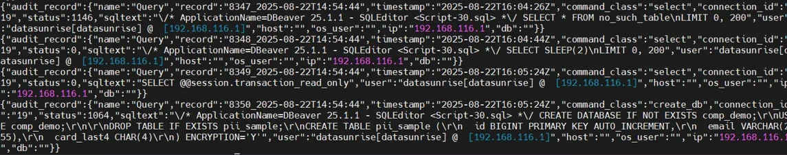 NLP, LLM & ML Data Compliance Tools for Percona Server for MySQL - JSON audit record displaying query details including command type, connection ID, user, and host information.