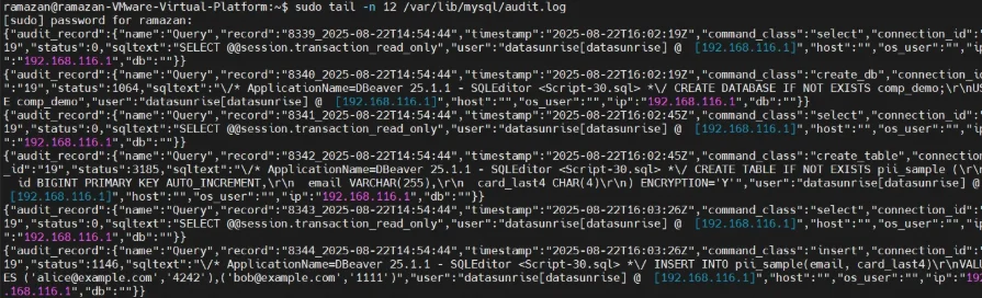 Percona Server for MySQL Data Compliance Automation - Terminal output showing a series of commands and responses related to data compliance processes.