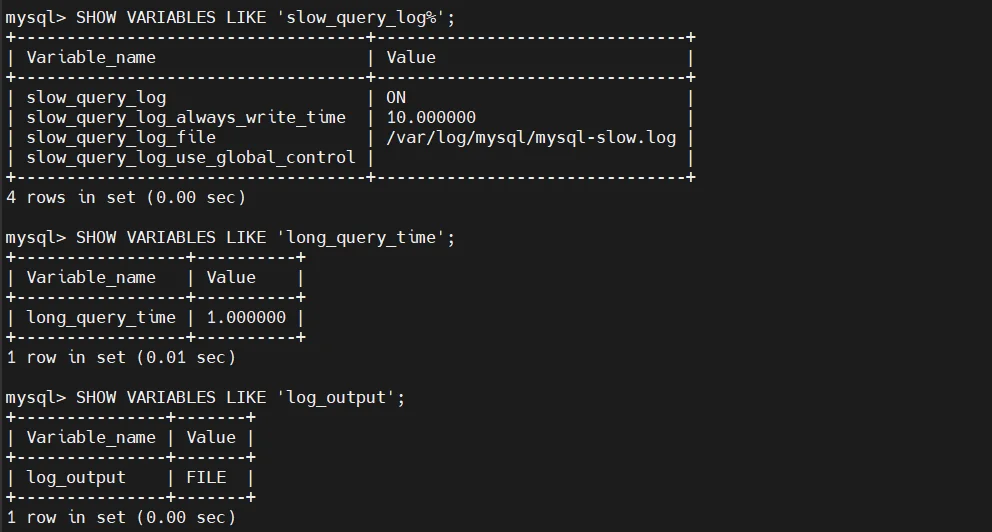 Percona Server para MySQL Cumplimiento Regulatorio - Salida de terminal que muestra las variables de MySQL relacionadas con la configuración del log de consultas lentas.