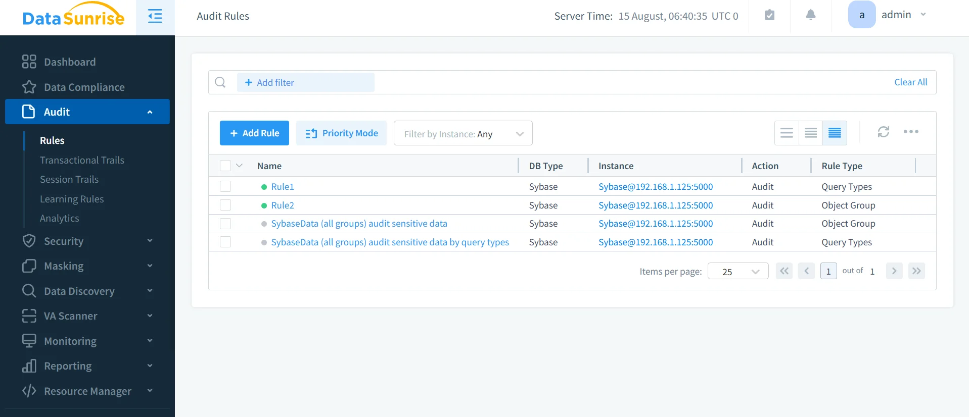 Sybase Compliance Management - DataSunrise dashboard displaying audit rules and compliance management options.