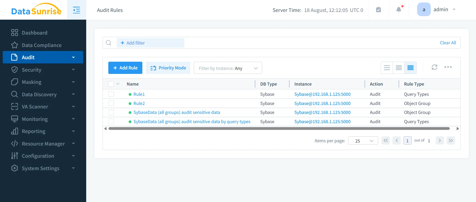 Sybase Data Compliance Automation - Audit Rules interface displaying rule list and navigation menu.