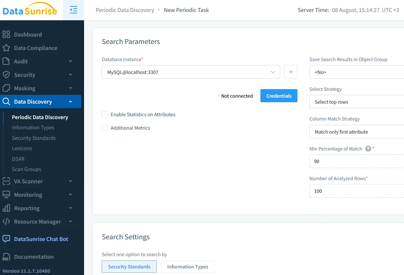 Untitled - DataSunrise UI displaying navigation menu with various security and compliance features.