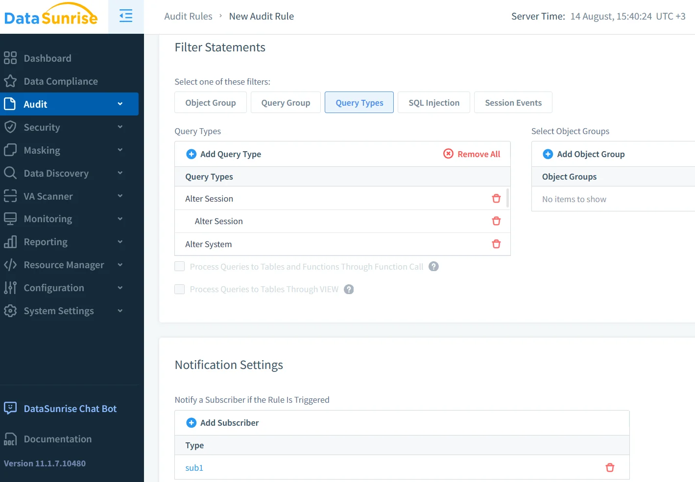 Untitled - DataSunrise dashboard showing navigation menu and partially visible Audit Rules section.