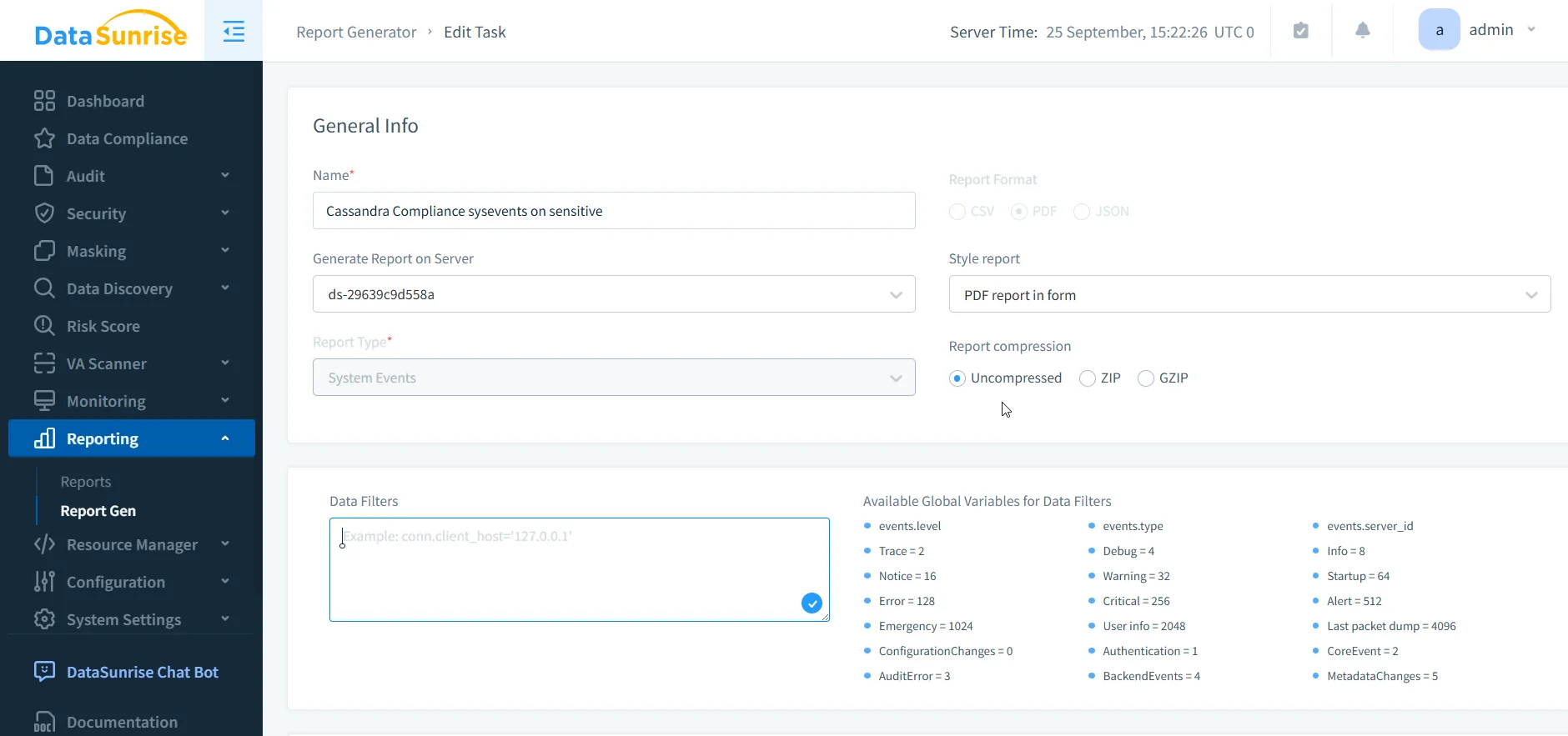 Apache Cassandra Compliance Management - DataSunrise UI displaying options for compliance, auditing, security, masking, and reporting tasks.