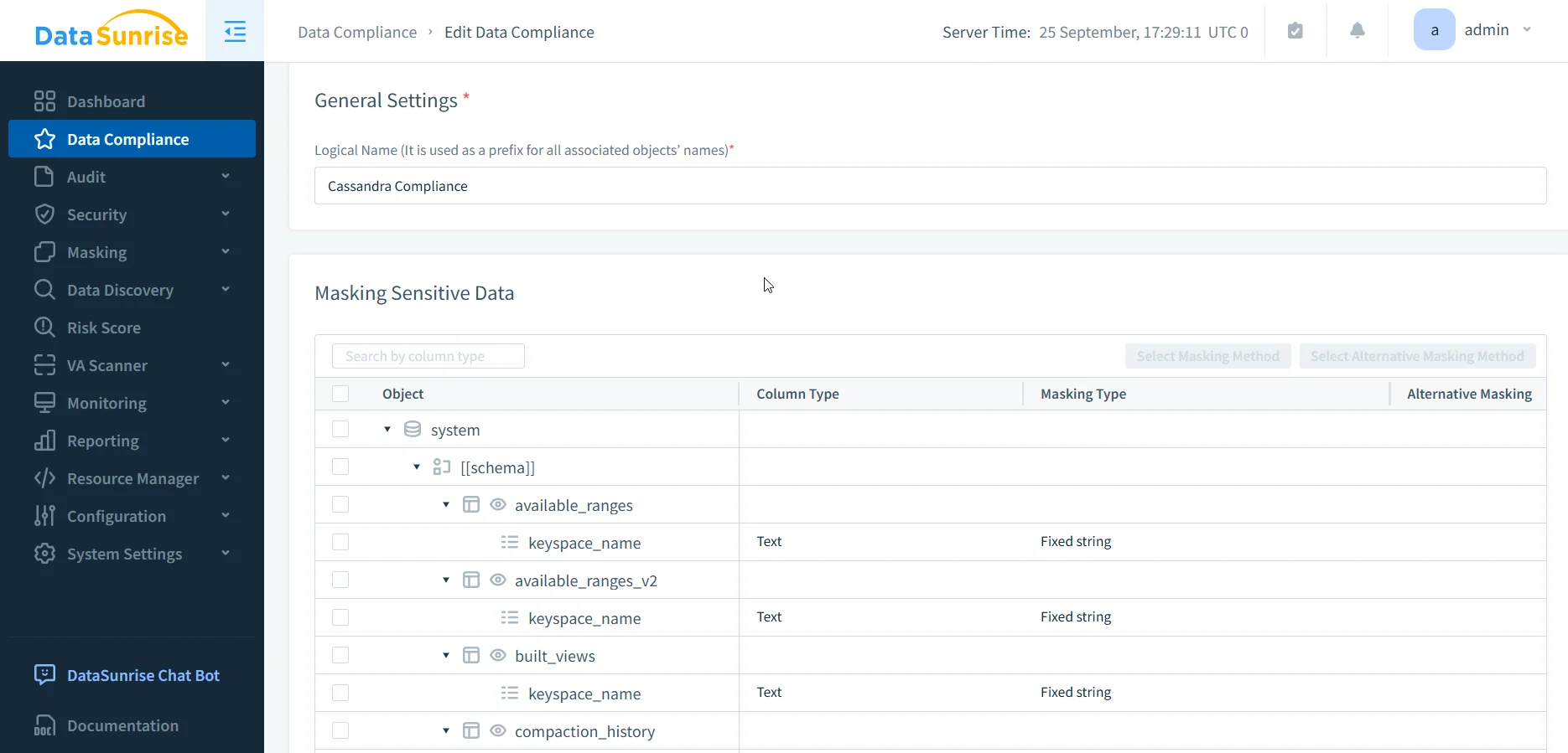 Apache Cassandra Data Compliance Automation - UI for configuring data compliance settings, including logical name and sensitive data masking options.