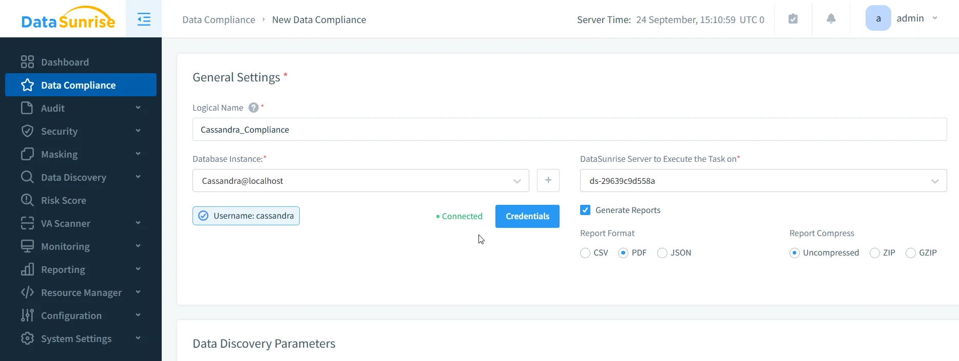 Apache Cassandra Data Governance - DataSunrise UI displaying Data Compliance dashboard with menu options for auditing, security, masking, and risk assessment.