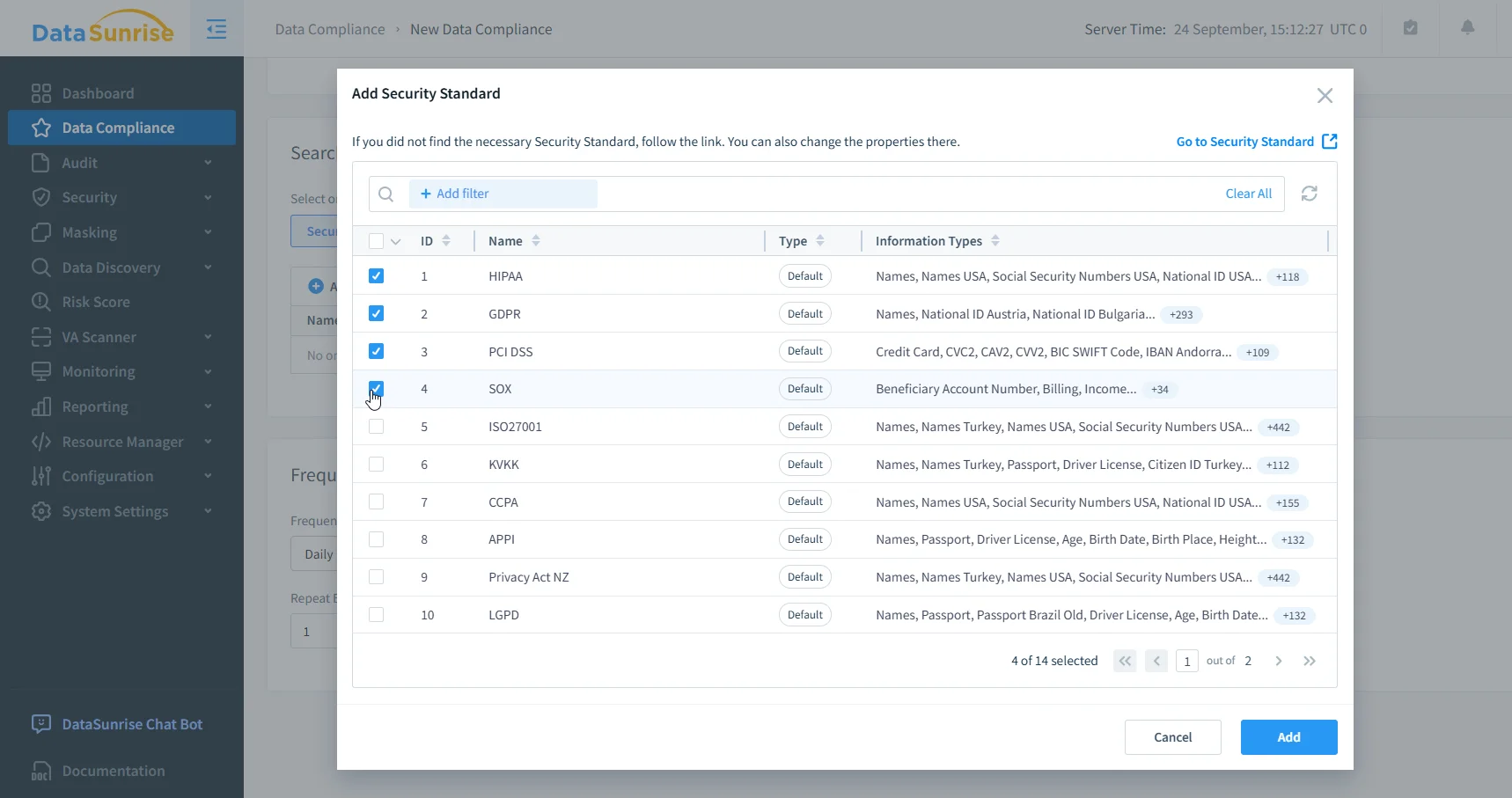 Apache Cassandra Data Governance - Selecting Data Compliance Regulations for Apache Cassandra in DataSunrise.