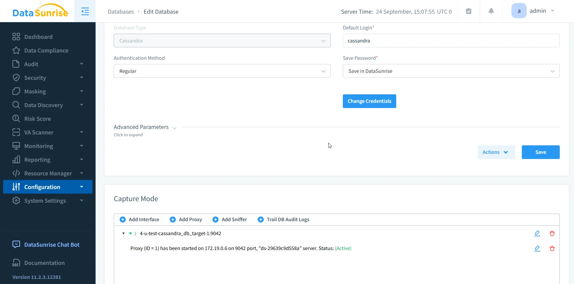 Apache Cassandra Regulatory Compliance - Configuration interface displaying database type as Cassandra with authentication method set to Regular in DataSunrise.