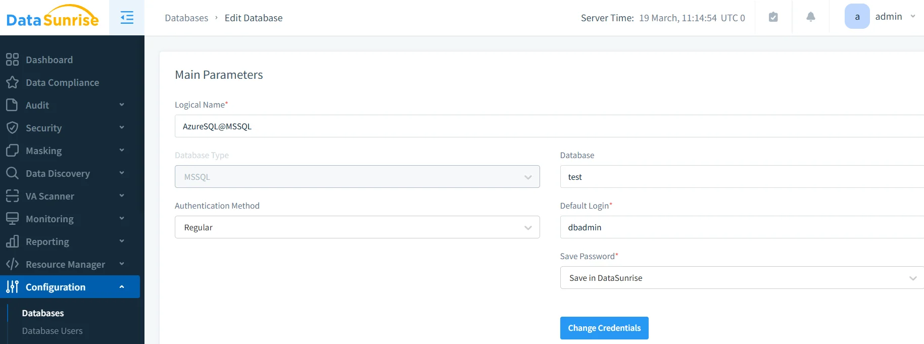 Azure Cloud Storage Compliance Management - DataSunrise UI displaying database compliance and security management options.