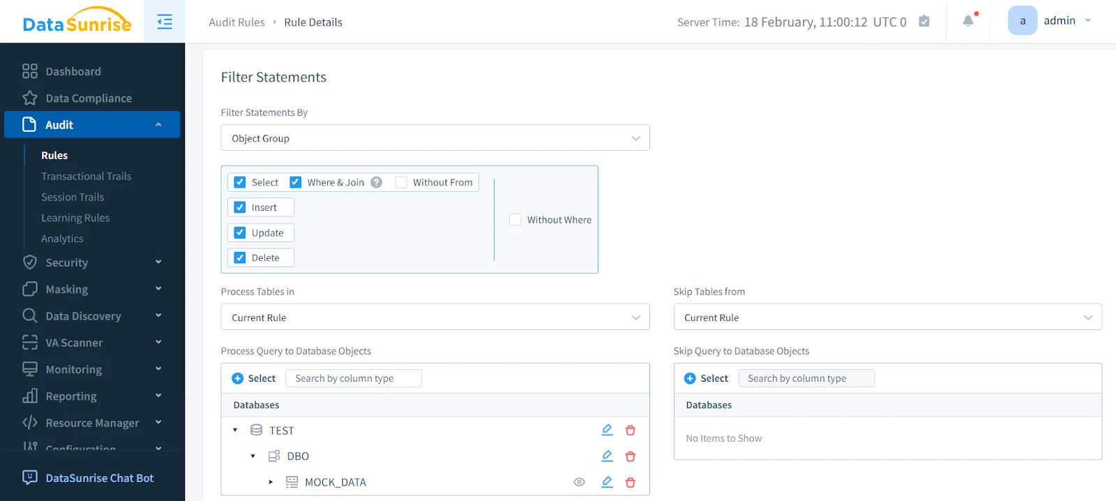 Azure Cloud Storage Compliance Management - Screenshot of DataSunrise UI displaying compliance-related modules such as Audit Rules, Transactional Trails, and Session Trails.