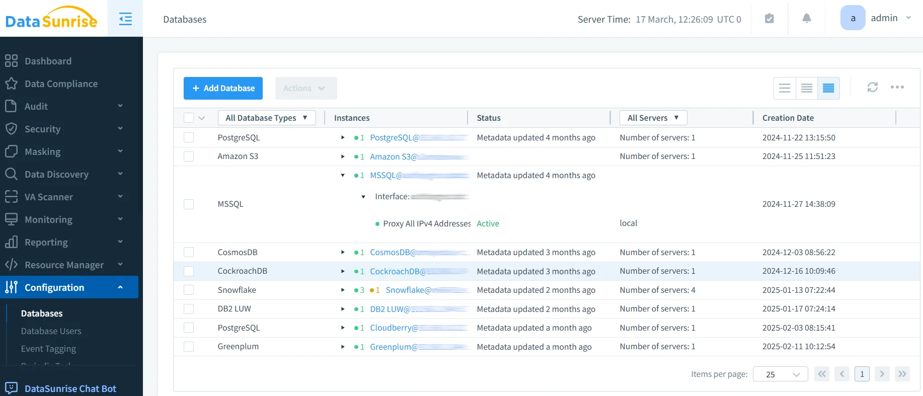 Azure Cosmos DB for NoSQL Compliance Management - DataSunrise dashboard displaying options for data compliance, audit, security, masking, and database management.