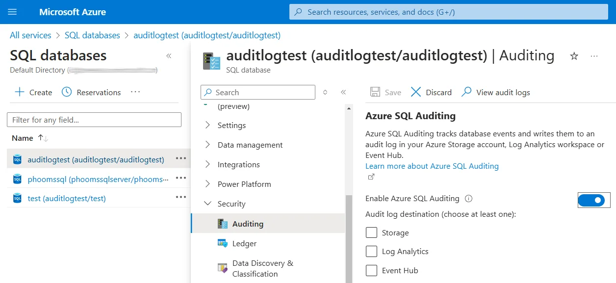 Azure Cosmos DB for PostgreSQL Data Compliance Automation - SQL databases overview in Microsoft Azure portal showing a database named 'auditlogtest'.