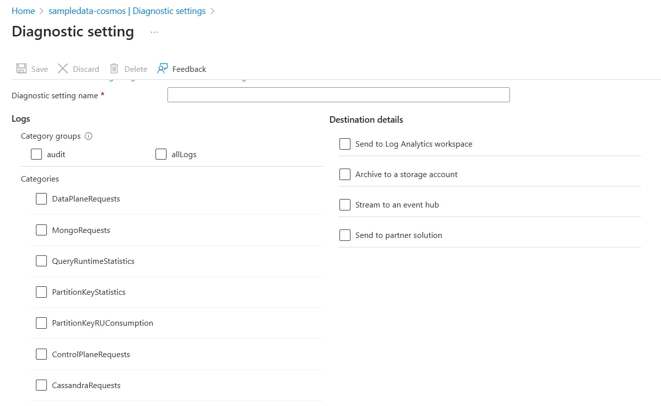 Azure Cosmos DB for PostgreSQL Regulatory Compliance - Diagnostic settings interface displaying log categories for audit and data plane requests.