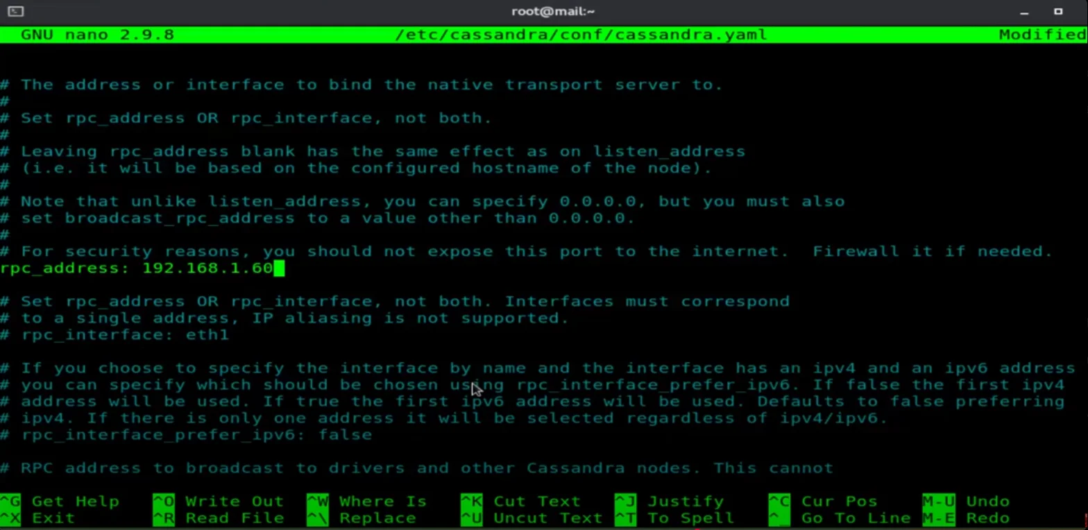 Effortless Data Compliance for Apache Cassandra - Terminal displaying nano editor with cassandra.yaml configuration file open.