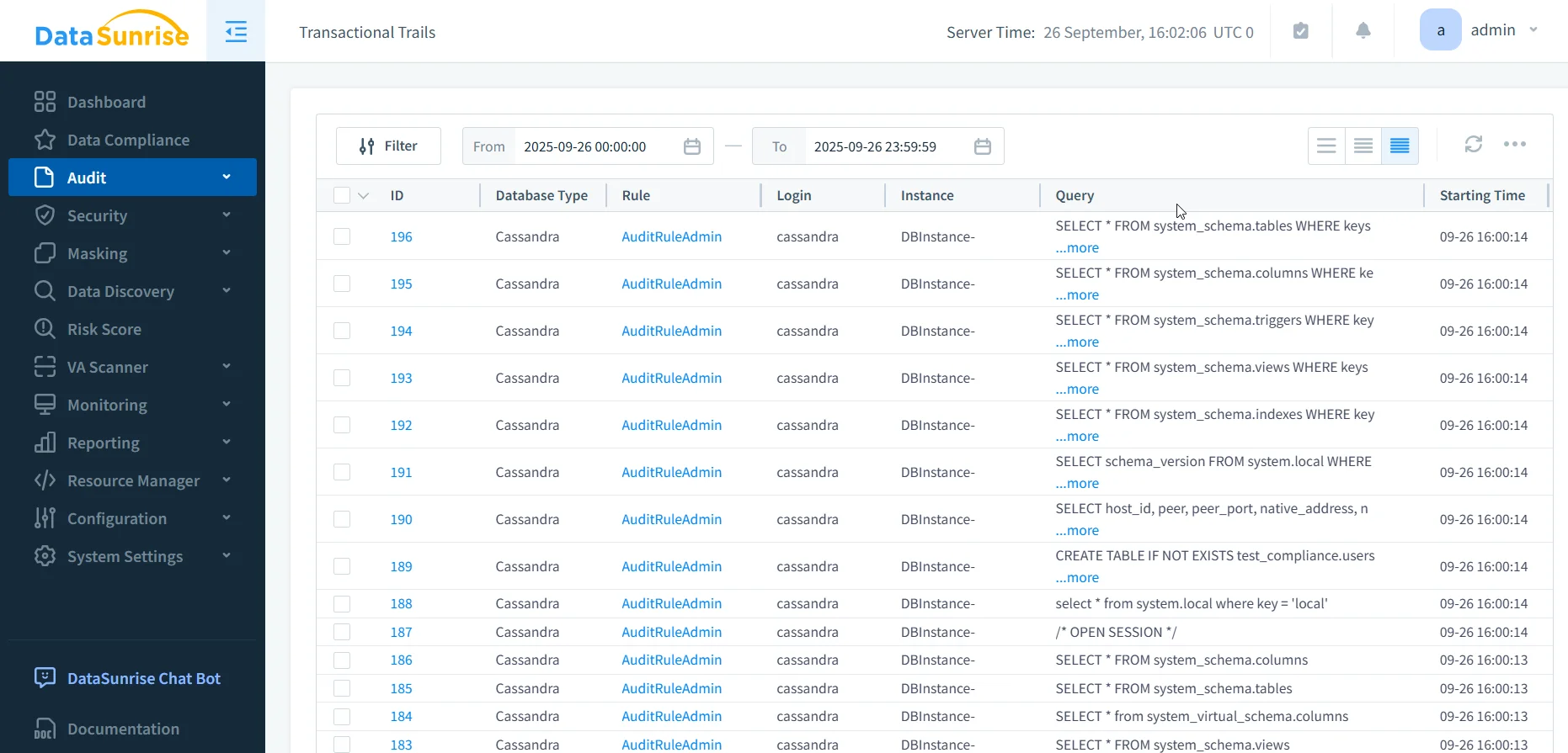Effortless Data Compliance for Apache Cassandra - Transactional trails screen displaying server time range and query activity logs in DataSunrise.