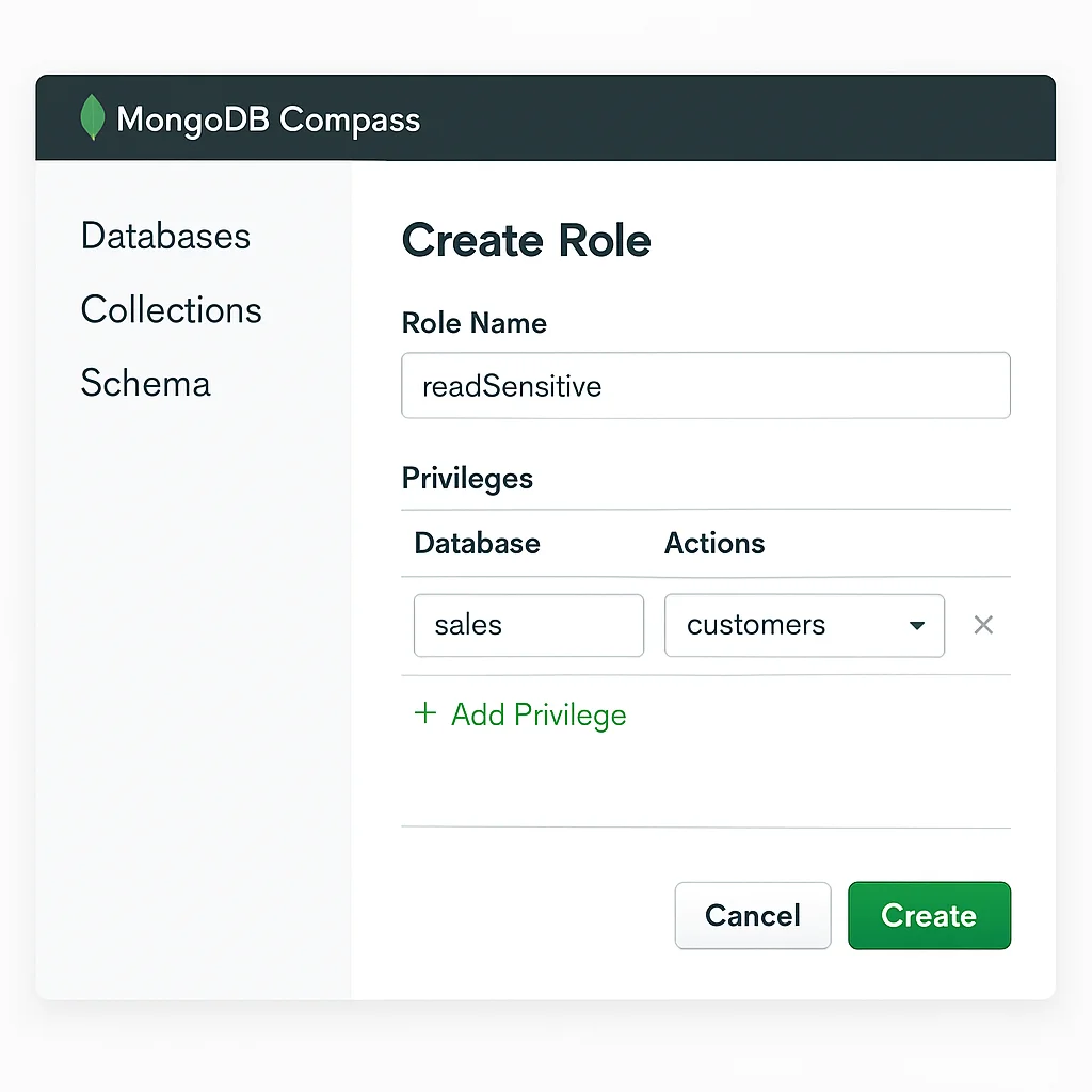 Effortless Data Compliance for MongoDB - Creating a custom role named 'readSensitive' with specific privileges in MongoDB Compass.