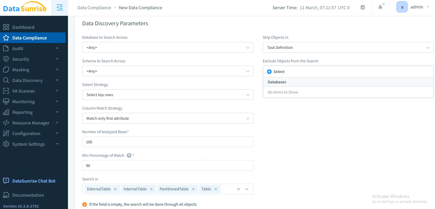 Effortless Data Compliance for PostgreSQL - Interface showing configuration options for data discovery and compliance settings.