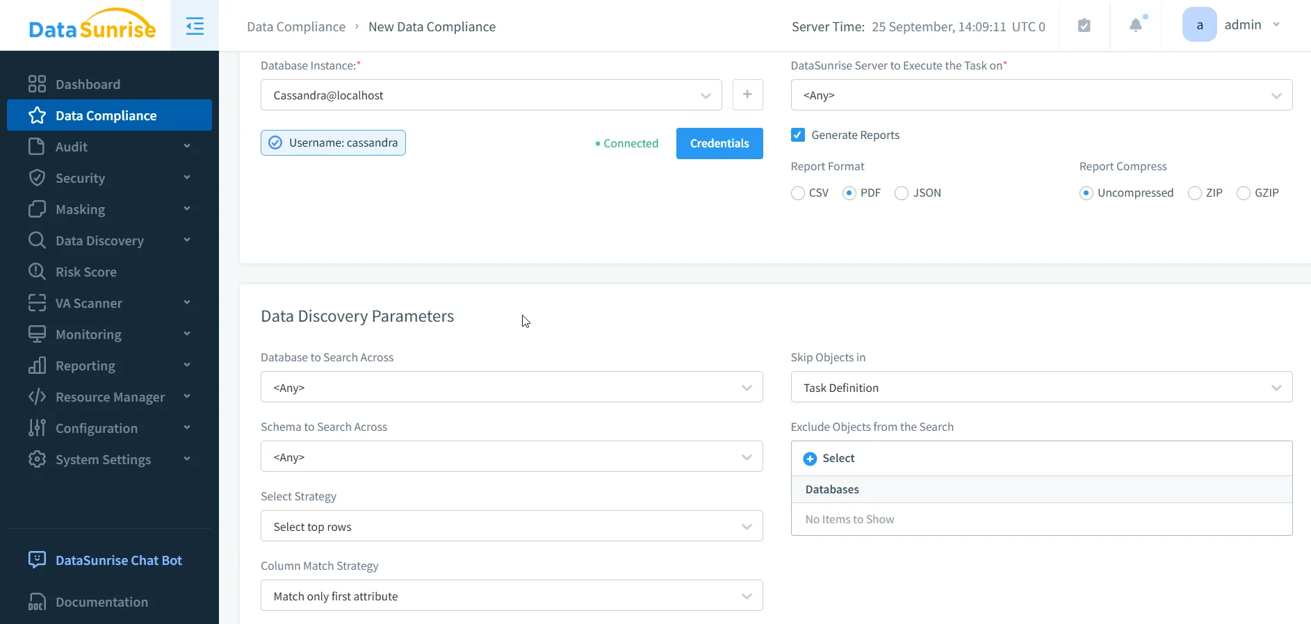 How to Apply Data Governance for Apache Cassandra - Screenshot of DataSunrise Data Compliance settings for Apache Cassandra instance.