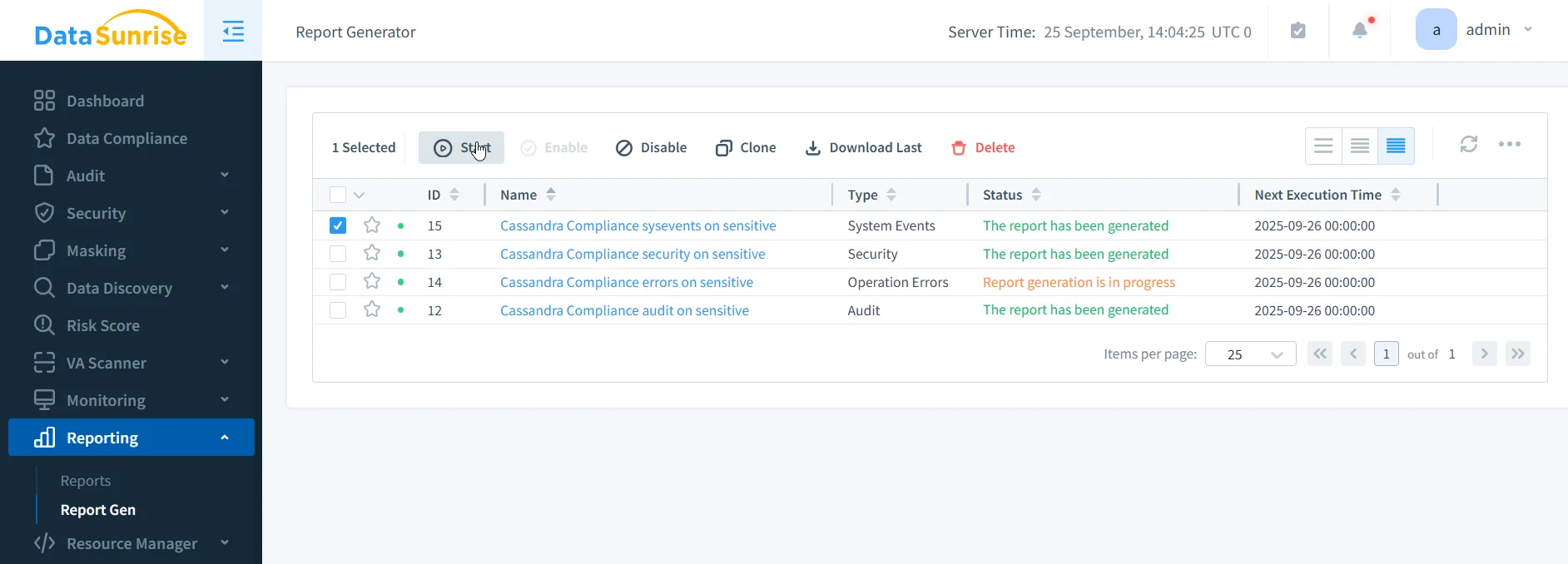 How to Apply Data Governance for Apache Cassandra - DataSunrise Compliance Reporting module allows you to generate, schedule and manage various types of reports.