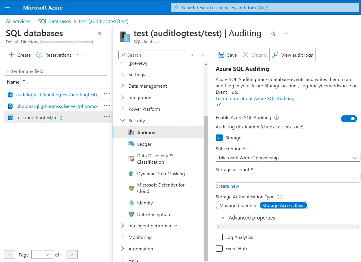 How to Apply Data Governance for Azure Cosmos DB for NoSQL - Screenshot of the Microsoft Azure portal showing SQL databases and auditing settings.