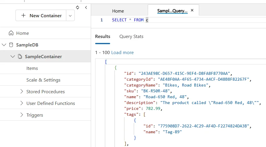 How to Apply Data Governance for Azure Cosmos DB for PostgreSQL - Screenshot showing a query execution interface with sample database and container details.