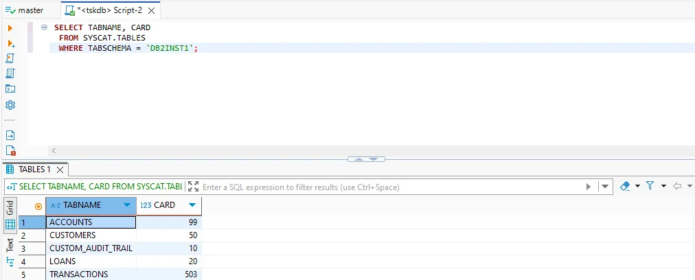 How to Apply Data Governance for IBM Db2 - SQL query execution interface displaying table schema and cardinality details.