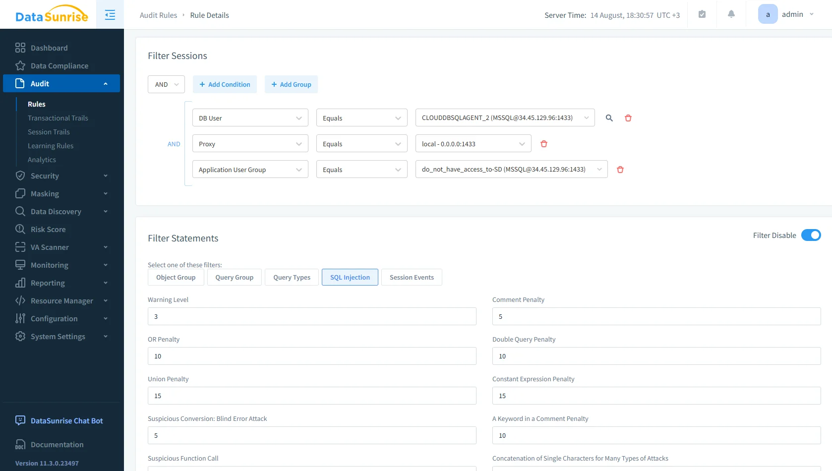 How to Apply Data Governance for IBM Db2 - Screenshot of DataSunrise dashboard showcasing various governance and security modules.