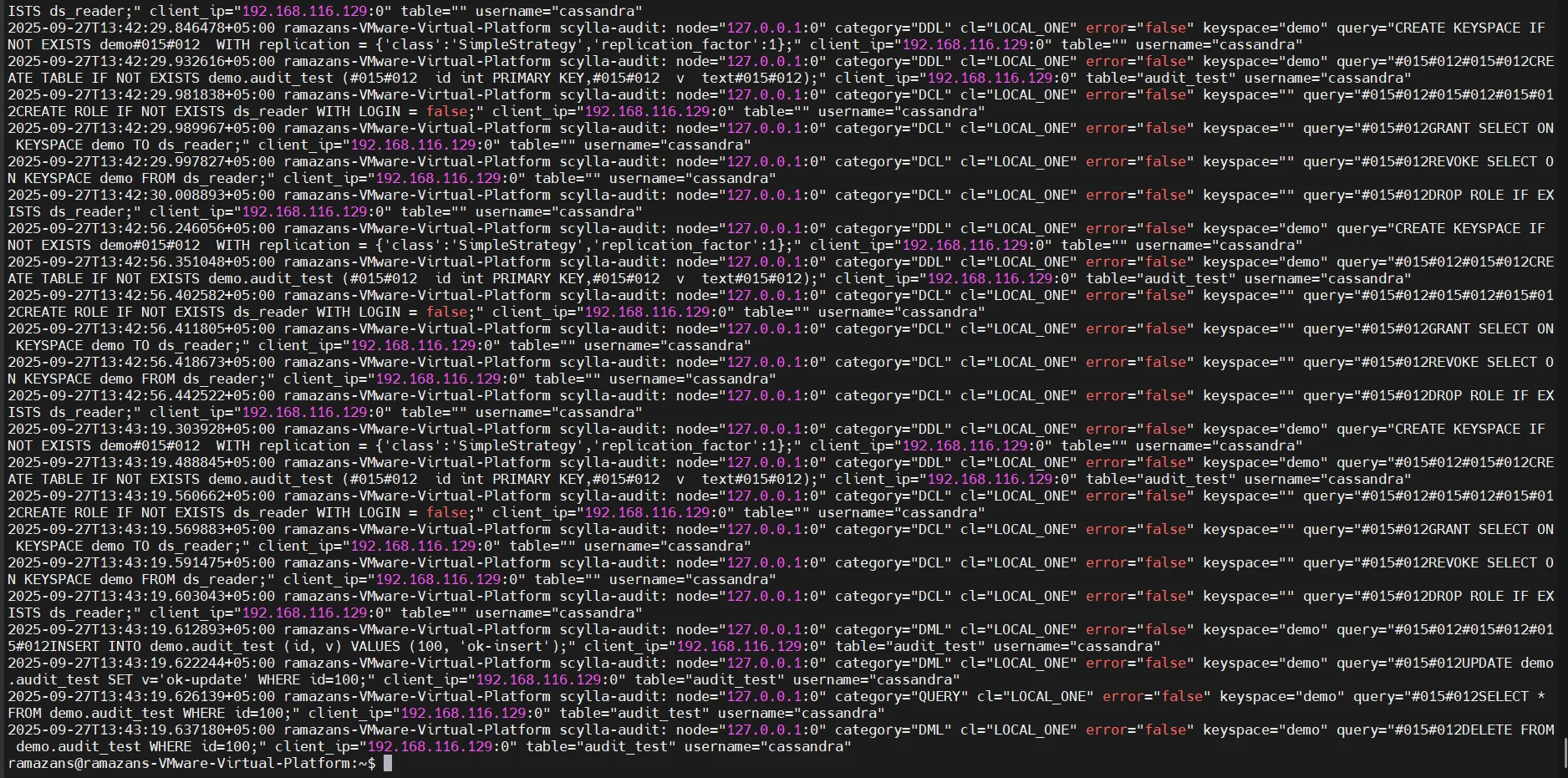 How to Apply Data Governance for ScyllaDB - Terminal output showing ScyllaDB audit logs with SQL commands for creating a table and a role.