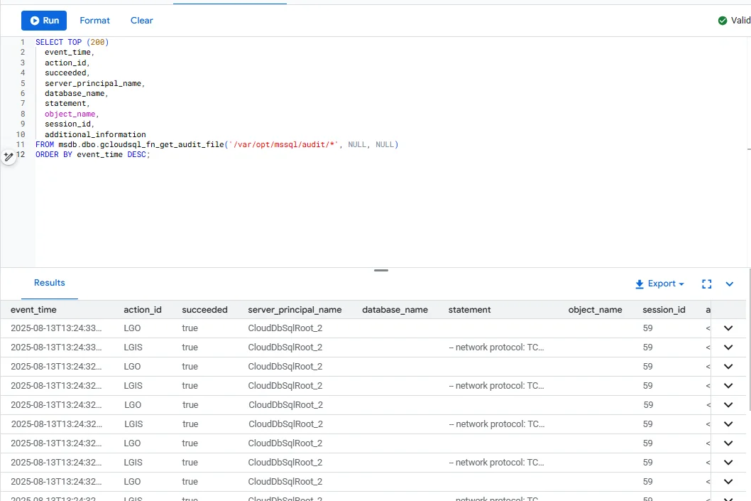How to Audit Google Cloud SQL - SQL query to retrieve audit logs using SELECT statement