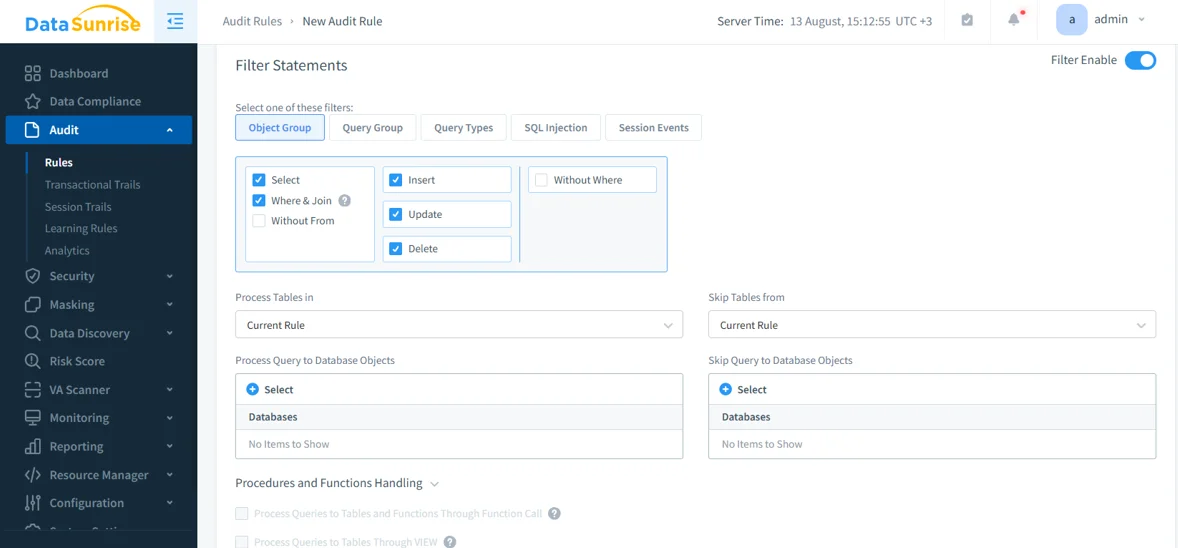 How to Audit Google Cloud SQL - DataSunrise UI displaying the Audit Rules configuration menu.