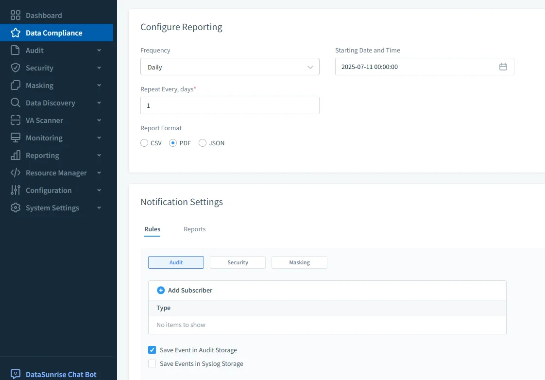 How to Audit Google Cloud SQL - Reporting configuration screen in DataSunrise showing options for report frequency, format, and notification settings.
