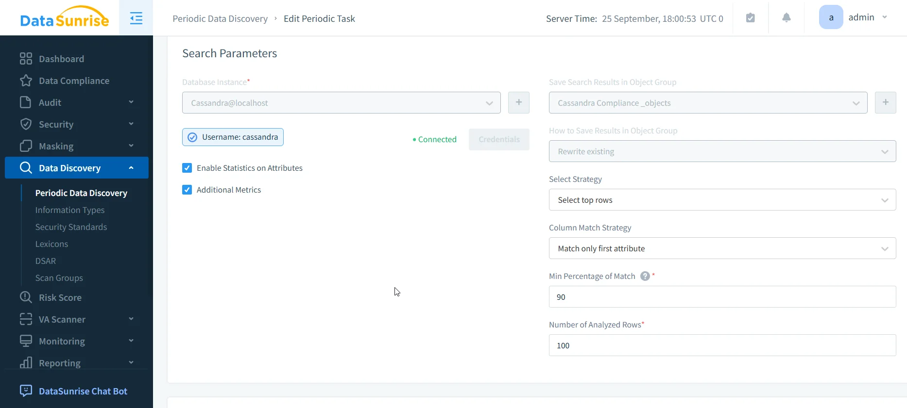How to Automate Data Compliance for Apache Cassandra - Periodic Data Discovery configuration screen in DataSunrise UI showing search parameters for a Cassandra database instance.
