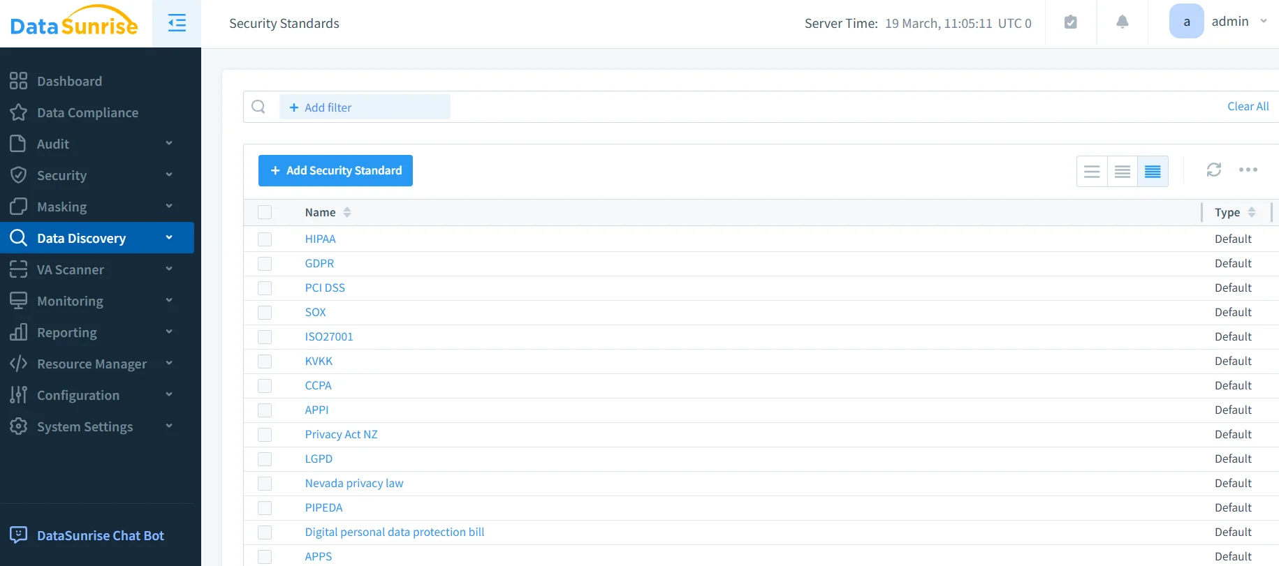 How to Automate Data Compliance for Azure Cosmos DB for NoSQL - DataSunrise UI displaying the Security Standards configuration page with options to add filters and security standards.