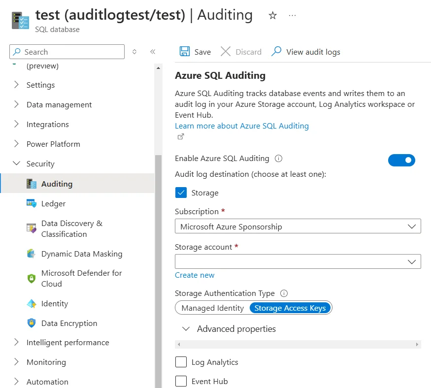 How to Automate Data Compliance for Azure Cosmos DB for PostgreSQL - Auditing settings and security features in the Azure portal interface.