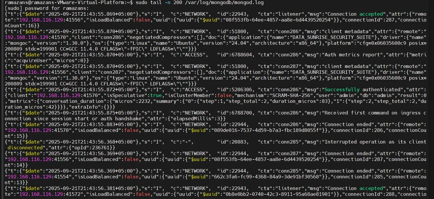 How to Automate Data Compliance for MongoDB - Terminal output showing MongoDB log file entries being tailed with sudo privileges.