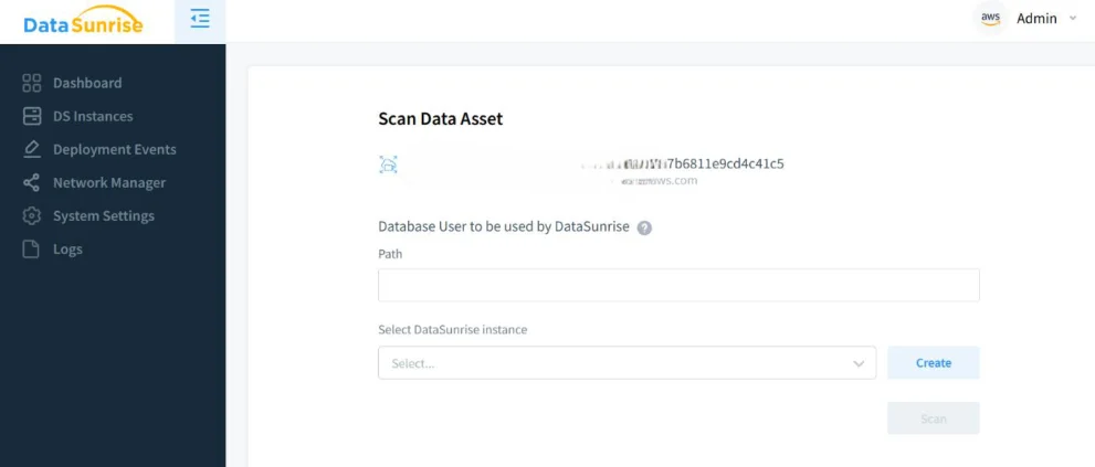 How to Deploy DataSunrise DSPM: Step-by-Step Setup - UI showing options for selecting a DataSunrise instance and configuring database user details.